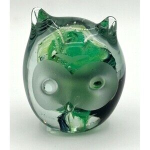 Kerry Glass Art Blown Glass Paperweight Owl Green Swirl Hand Made in Ireland